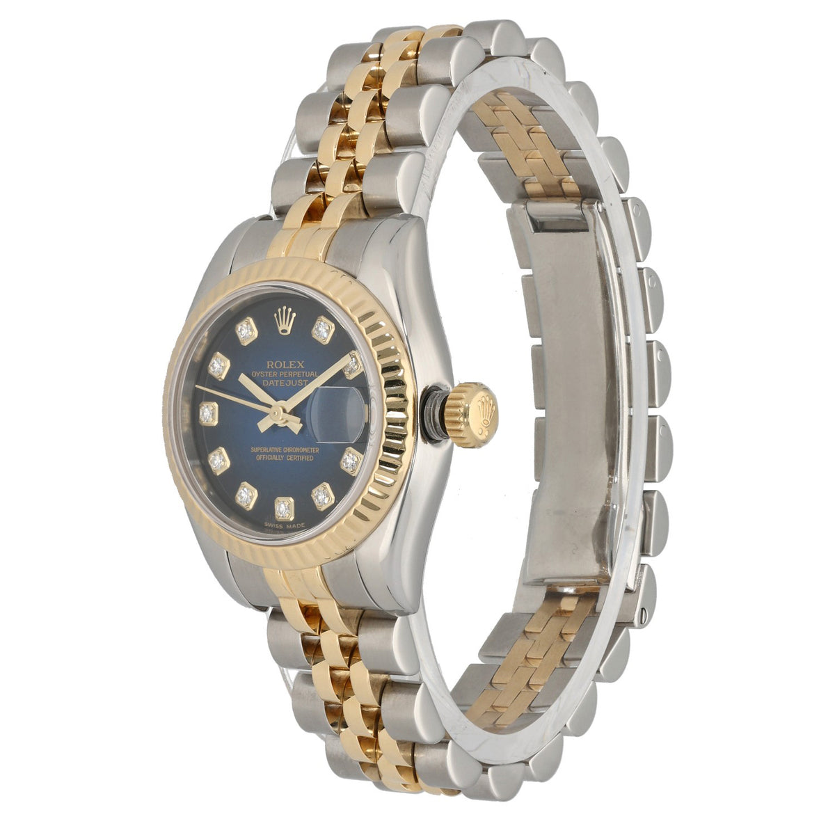 Rolex Lady Datejust 179173, blue dial, inside 26mm stainless steel and gold case and bracelet, front angle