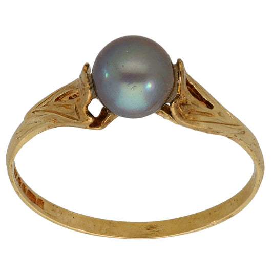 9ct gold ring with single cultured pearl, curved split shoulders