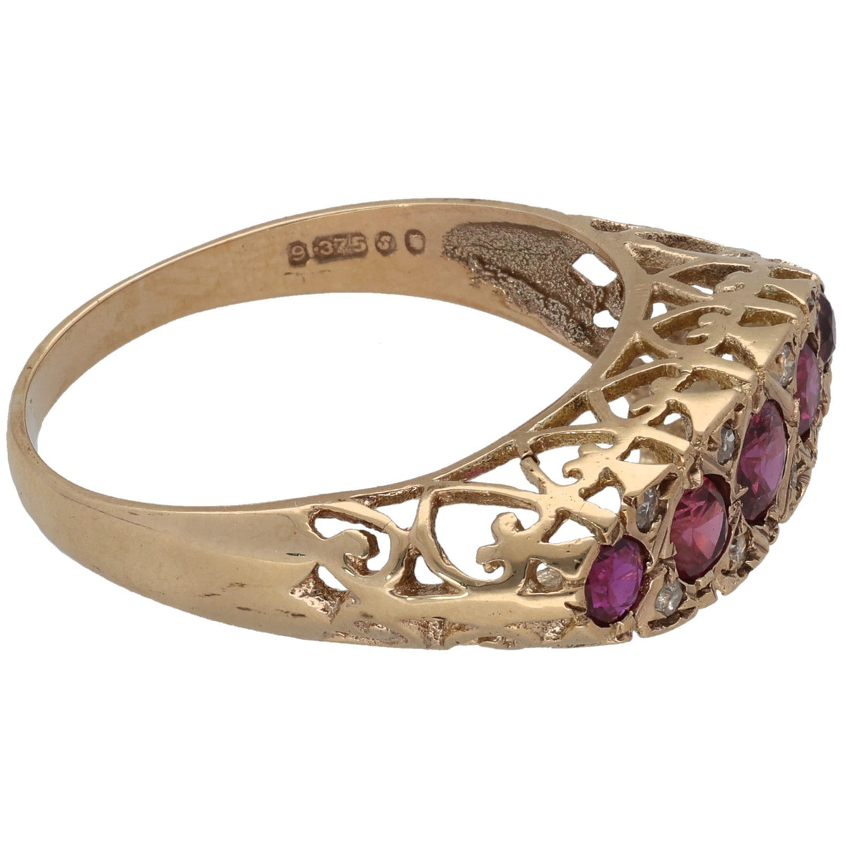 9ct gold ruby and diamond ring, openwork band with prong-set ruby stones