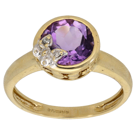 9ct Gold Amethyst & 0.01ct Diamond Cluster Ring Size L