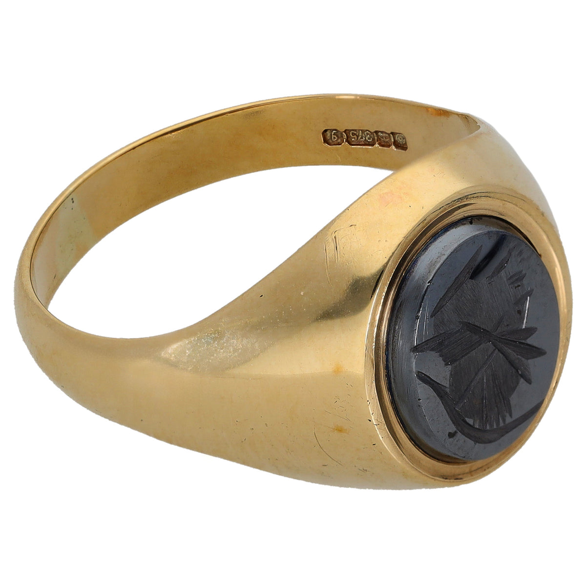 9ct gold signet ring, side view, oval hematite crest inset
