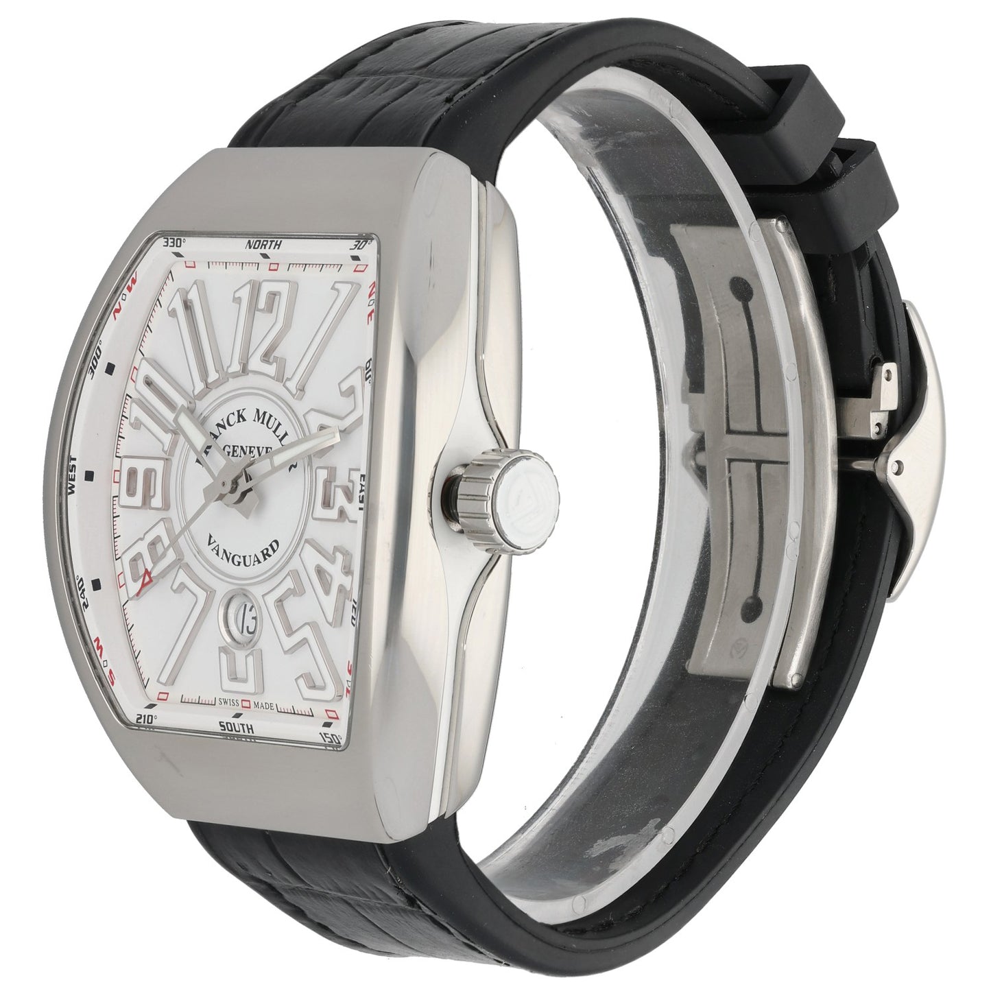 Franck Muller VANGUARD watch side profile with stainless case and black leather strap