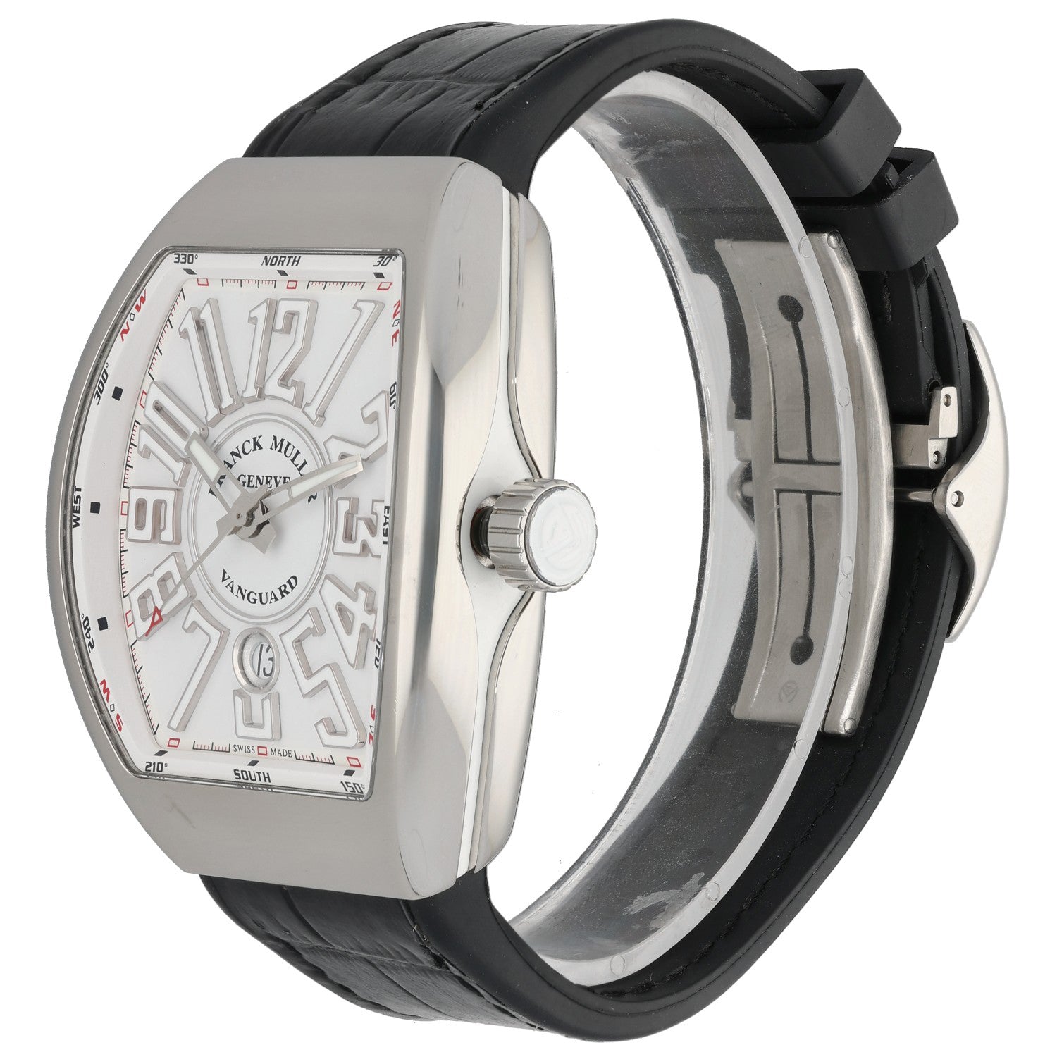 Franck Muller VANGUARD watch side profile with stainless case and black leather strap