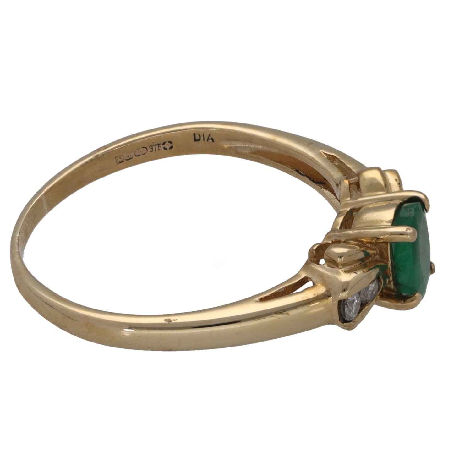 9ct Gold Emerald & 0.06ct Diamond Single Stone Ring With Accents Size P