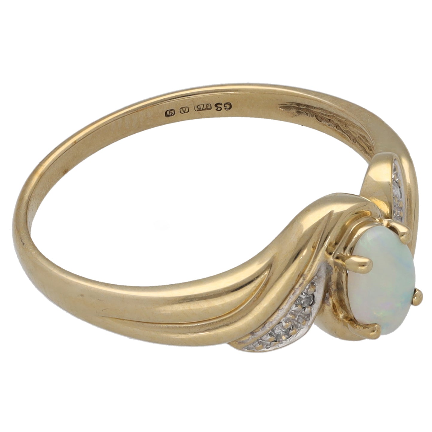 9ct Gold Opal & 0.02ct Diamond Single Stone Ring With Accents Size Q