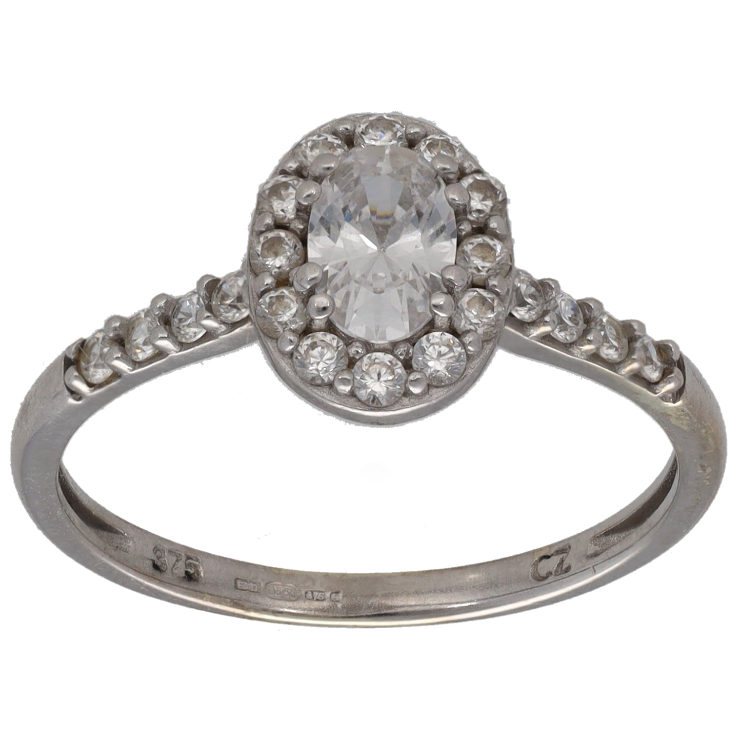 9ct white gold CZ dress ring with oval center stone, size N