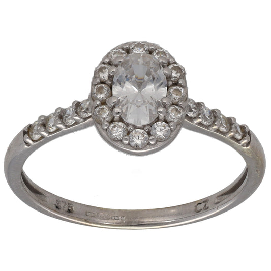 9ct white gold CZ dress ring with oval center stone, size N