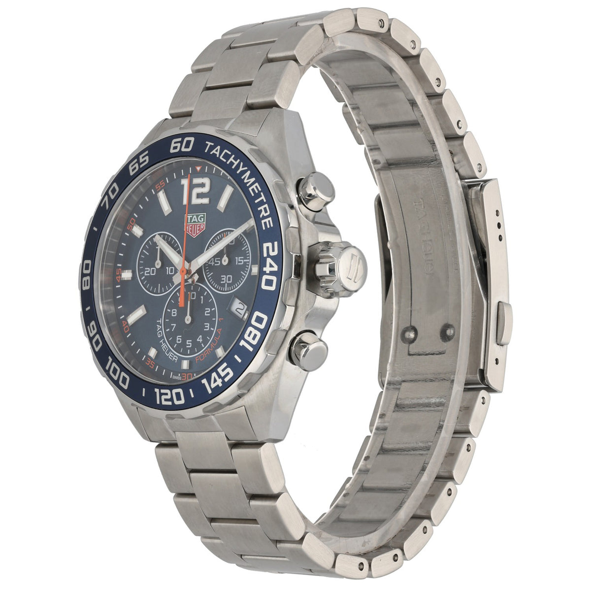 Tag Heuer Formula 1 CAZ1014, blue dial and bezel inside 43mm stainless steel case and bracelet, front angle