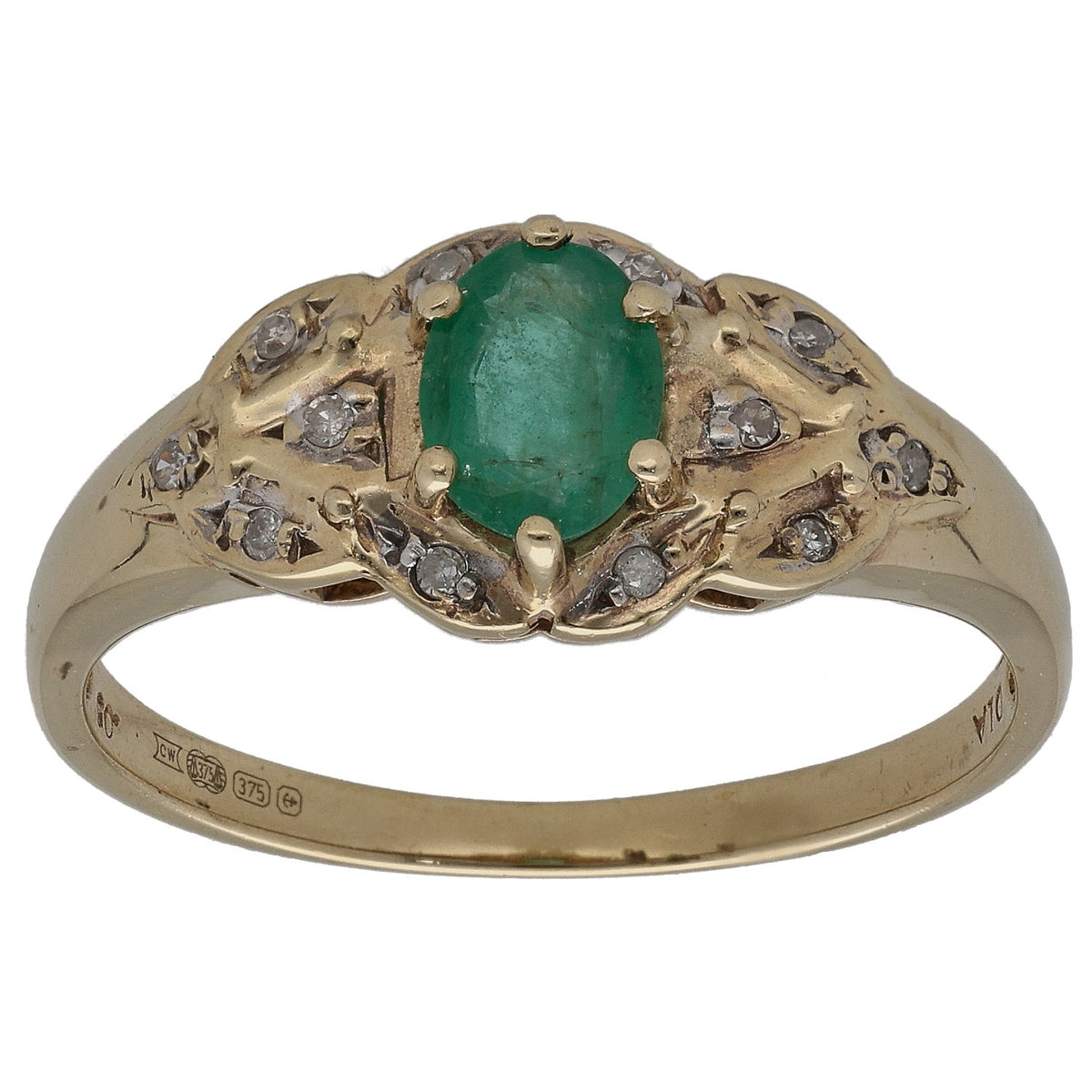 Gold solitaire ring with oval emerald center and small diamond accents, size U