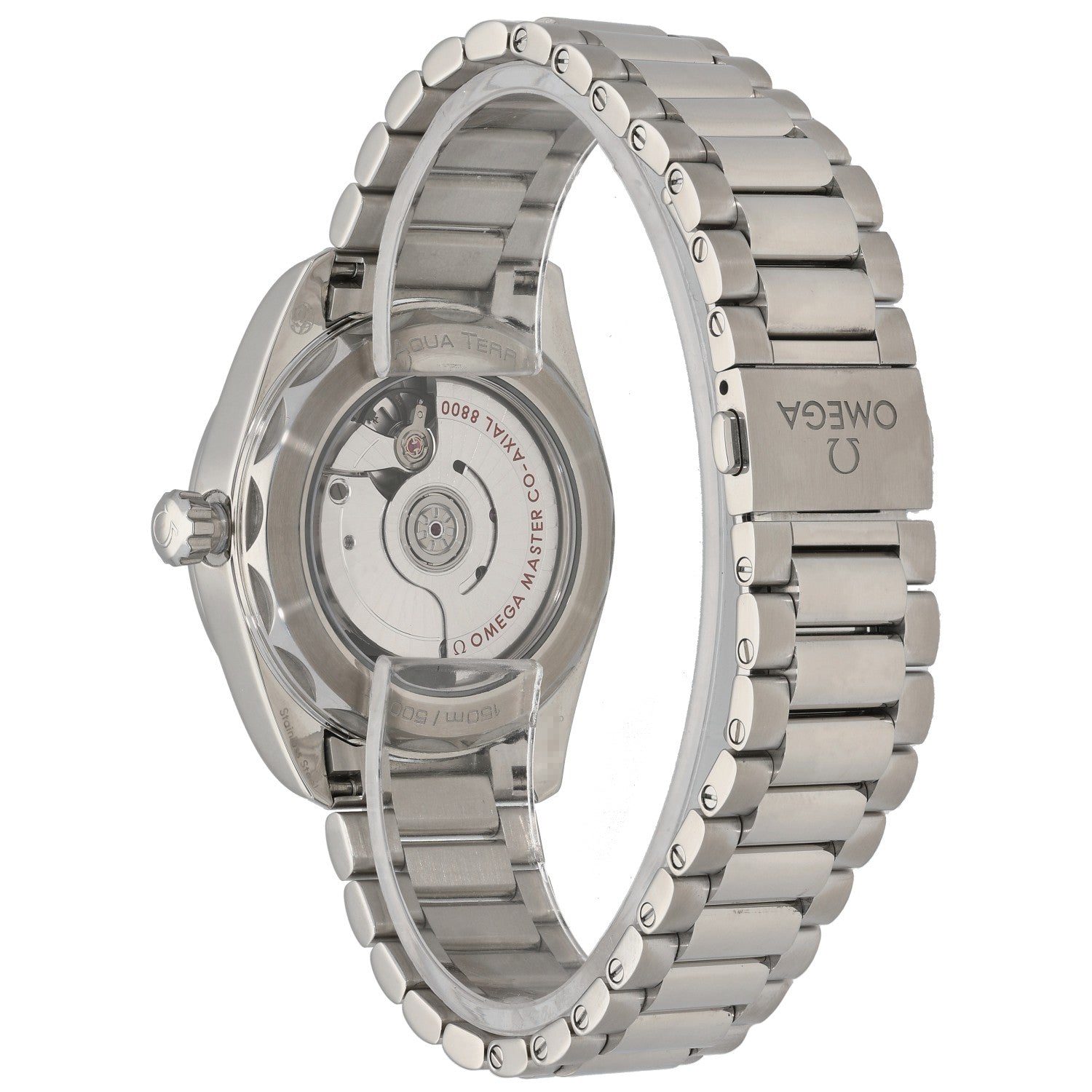 Stainless steel Omega Seamaster 220.10.38.20.03.003 watch with transparent caseback and metal bracelet, crown left