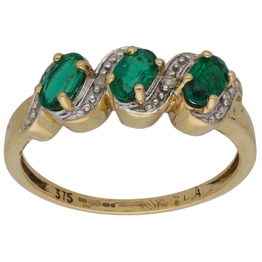 9ct Gold 0.02ct Diamond & Man Made Emerald Dress/Cocktail Ring Size N