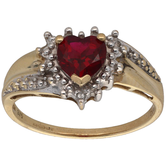 9ct Gold Man Made Ruby & 0.015ct Diamond Dress/Cocktail Ring Size N