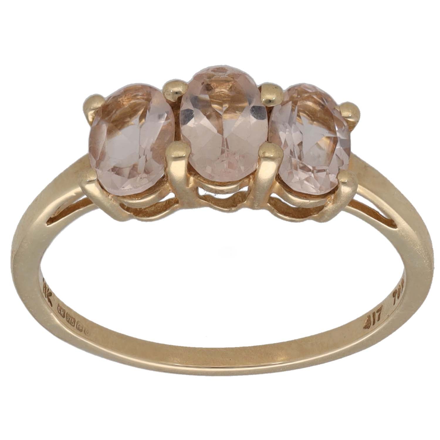 9ct gold three-stone ring with three pink morganite gemstones in rounded bezel settings