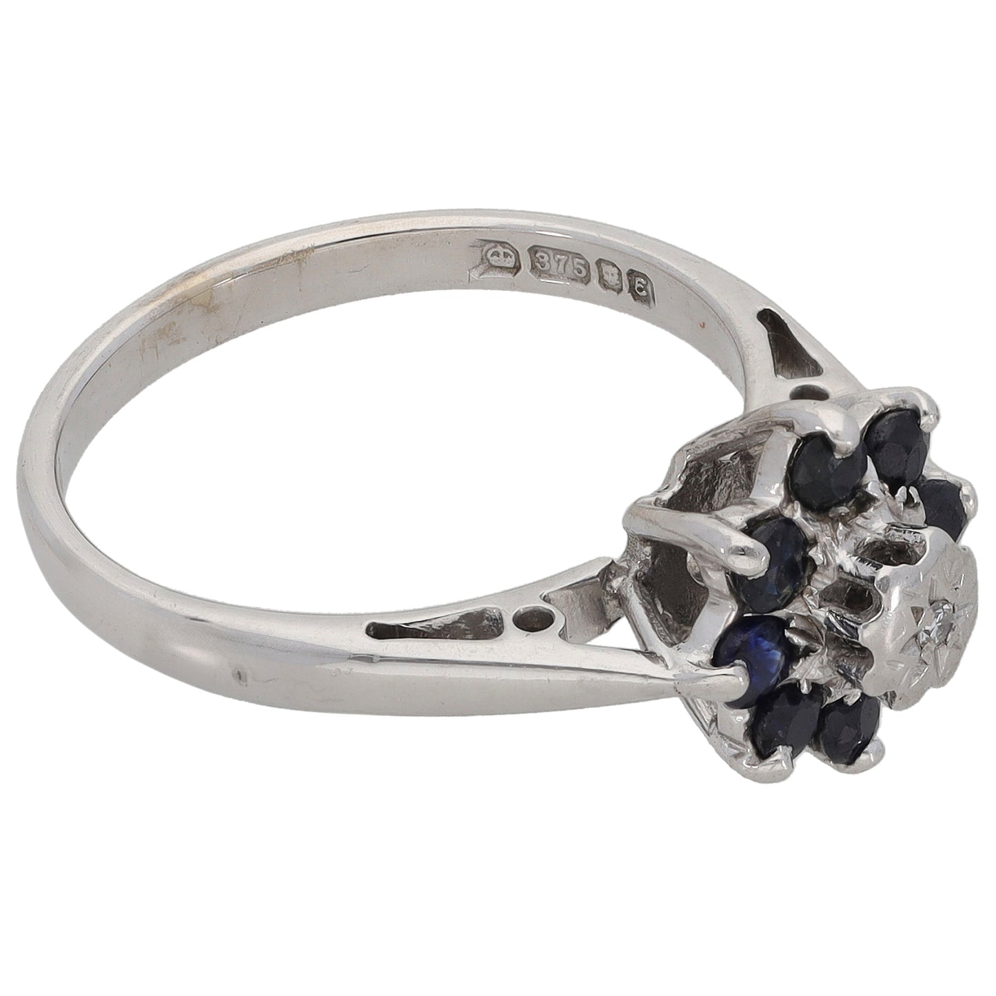 9ct White Gold Sapphire & 0.005ct Diamond Cluster Ring Size K