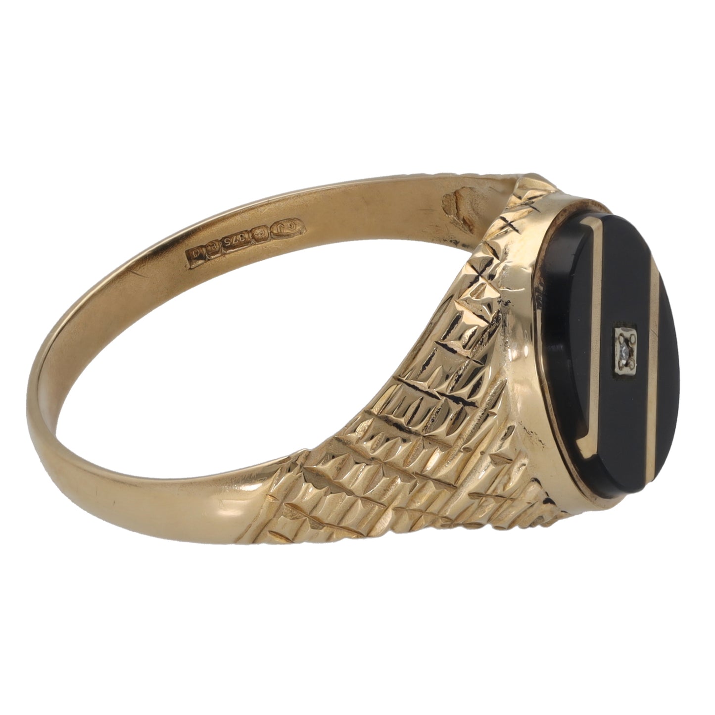 9ct Gold Onyx & 0.18ct Diamond Patterned Signet Ring Size W
