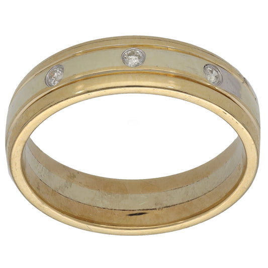 9ct Bi-Colour Gold 0.06ct Diamond Patterned Wedding Ring Size M
