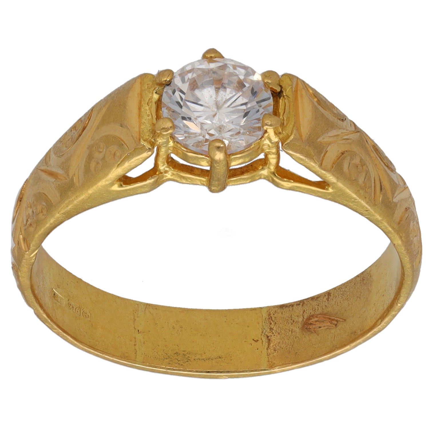 Gold CZ single-stone ring with round clear center gem in raised prongs