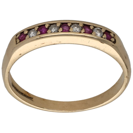 9ct Gold Ruby & 0.04ct Diamond Half Eternity Ring Size P