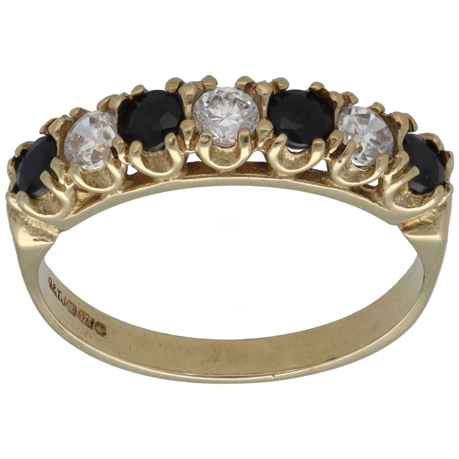9ct gold half-eternity ring with clear and dark stones in alternating settings