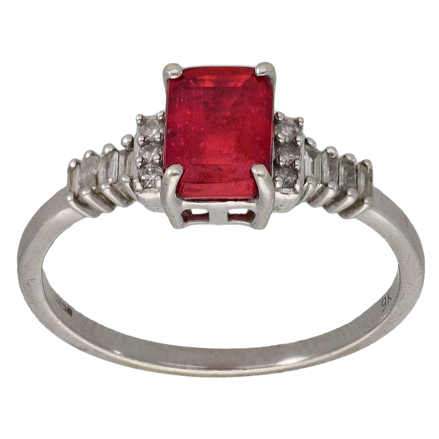 9ct White Gold Ruby & 0.11ct Diamond Single Stone Ring With Accents Size N