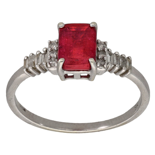 9ct White Gold Ruby & 0.11ct Diamond Single Stone Ring With Accents Size N