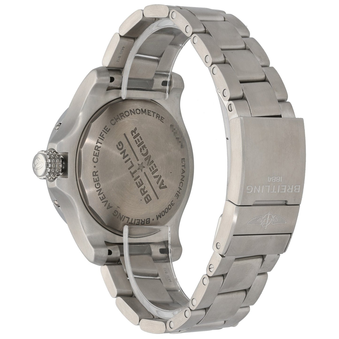 Breitling Avenger A17319 Stainless steel watch caseback with engraved markings and metal bracelet