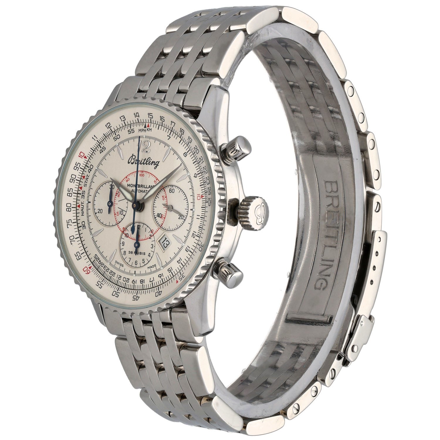 Breitling Montbrillant A41330 Stainless steel chronograph wristwatch with silver dial and side crown details