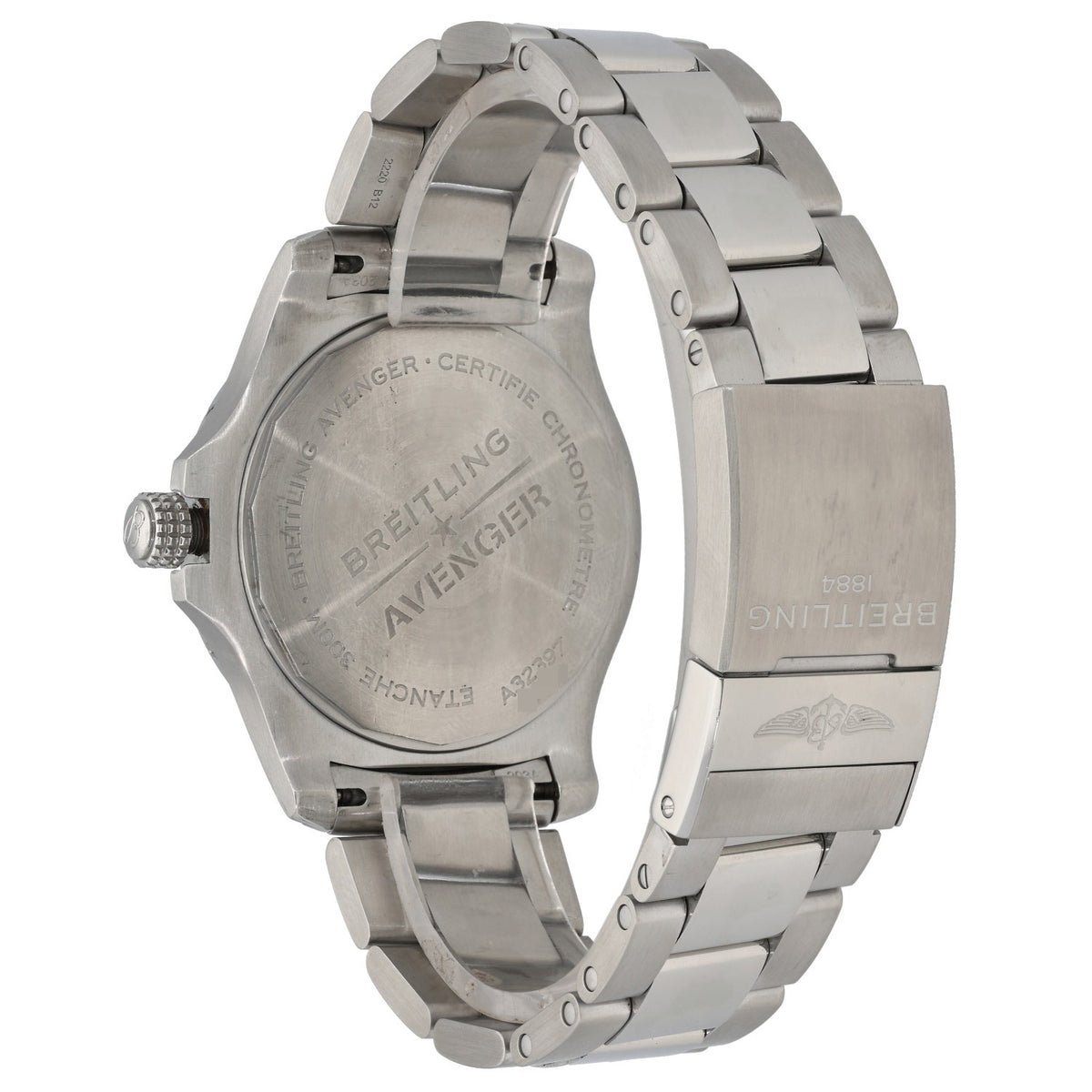 Breitling Avenger A32397 Stainless steel wristwatch caseback with engraved details and metal link bracelet