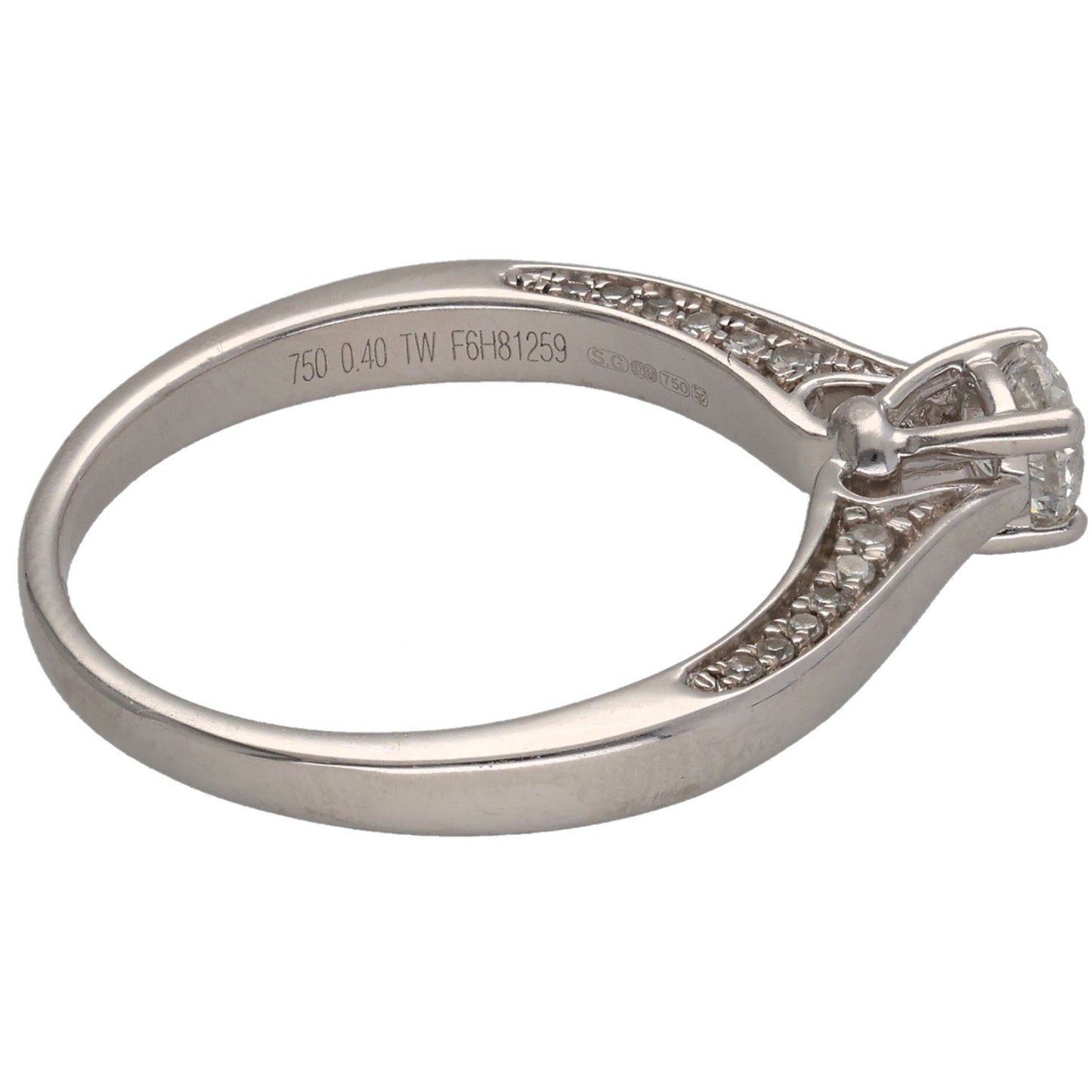 9ct white gold ring, round diamond solitaire with split prongs and engraved band