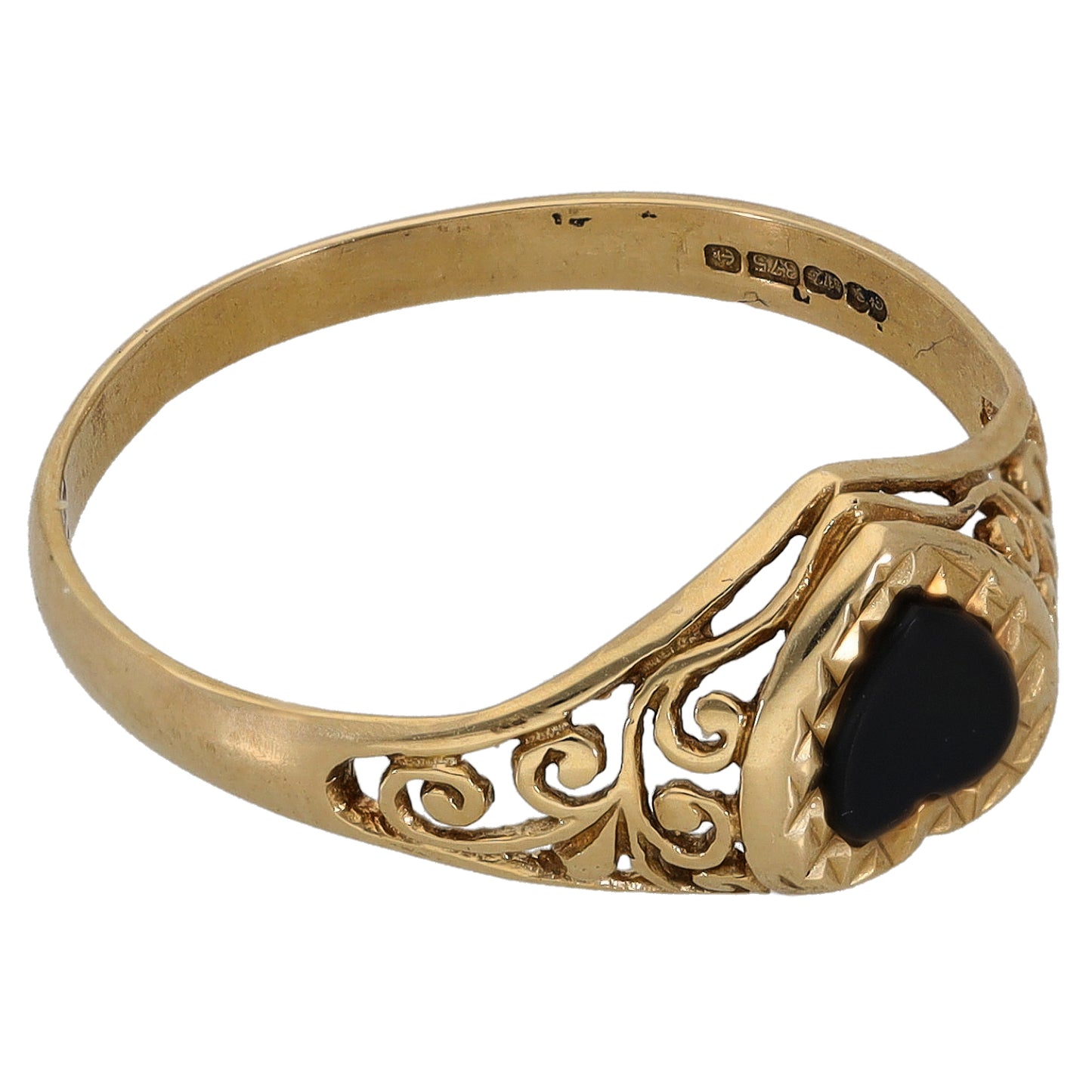 9ct gold onyx signet ring with heart-shaped black stone and scrollwork side detail