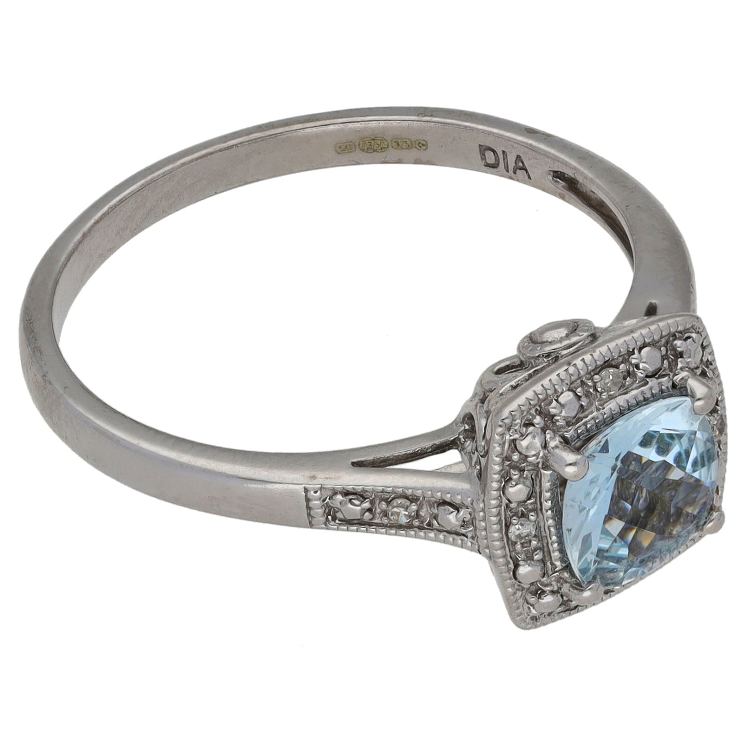 9ct White Gold Aquamarine & 0.03ct Diamond Cluster Ring Size R