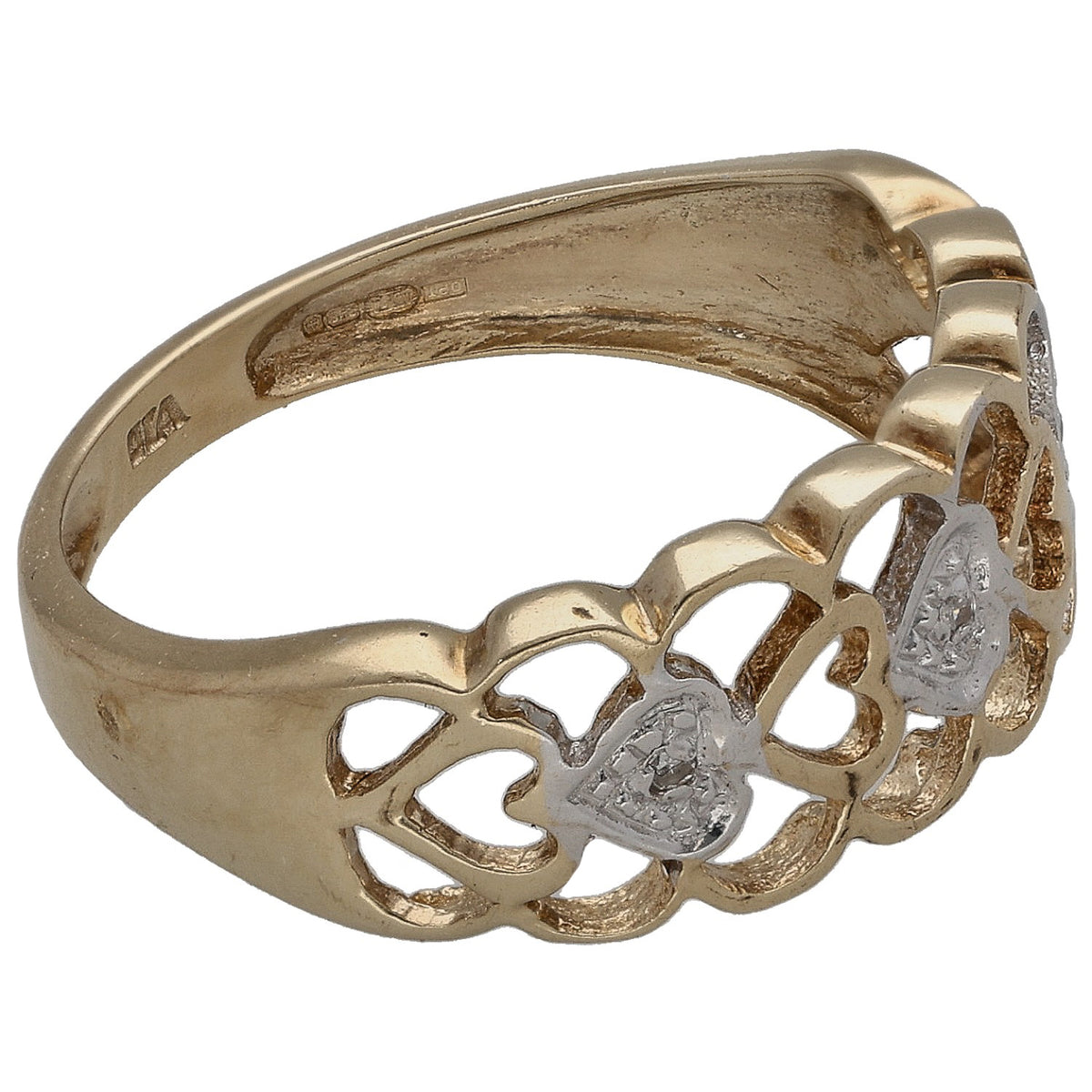 Bicolour gold ring with oval openwork band and round stones in white settings