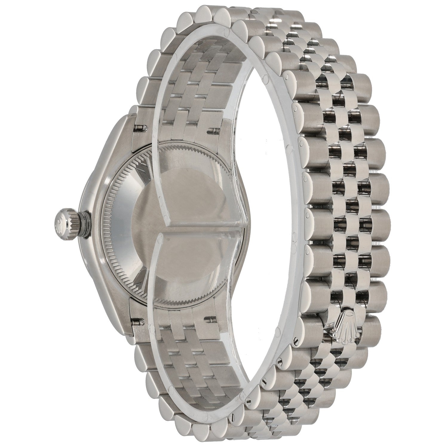 Stainless steel Rolex Datejust 278240 watch, angled side view, crown detail, jubilee bracelet