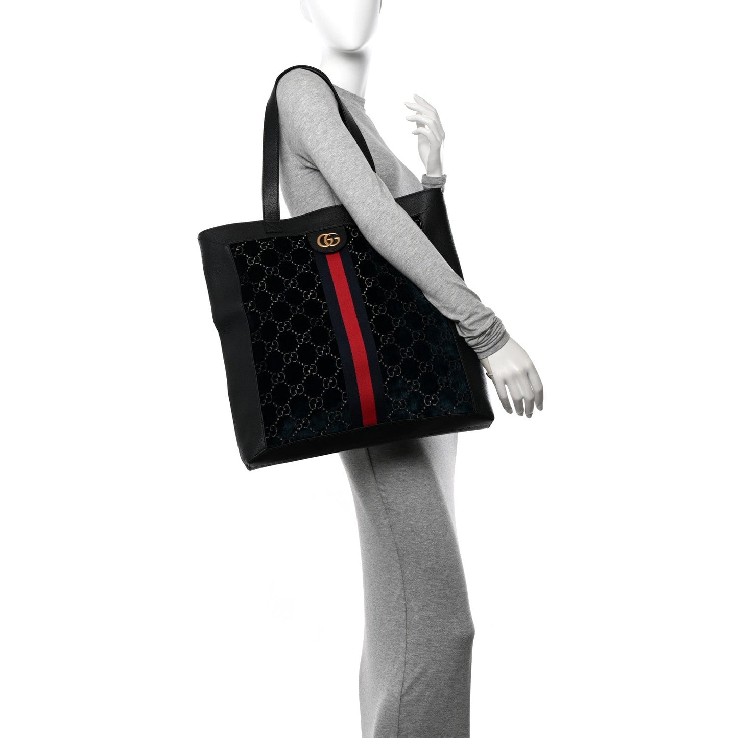 Gucci Ophidia Large Web Tote Velvet & Calfskin Leather Bag - Black