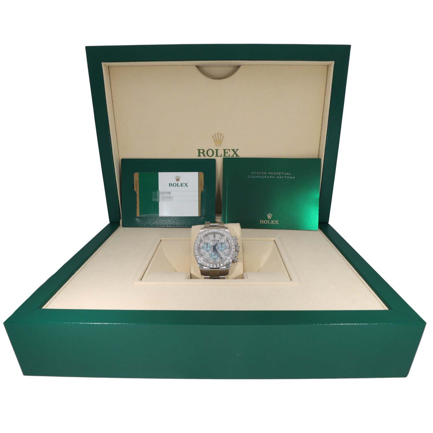 Platinum Rolex Daytona 116576TBR chronograph watch in green presentation box with certificate and papers