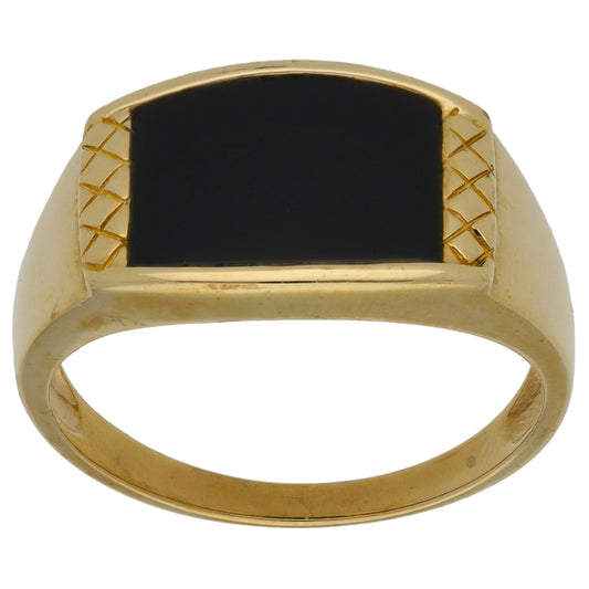 9ct Gold Onyx Patterned Single Stone Signet Ring Size R