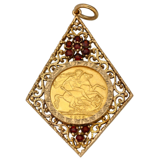 9ct Gold Garnet Full Sovereign Coin Pendant