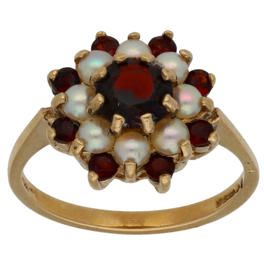 9ct Gold Garnet & Cultured Pearl Dress/Cocktail Ring Size N