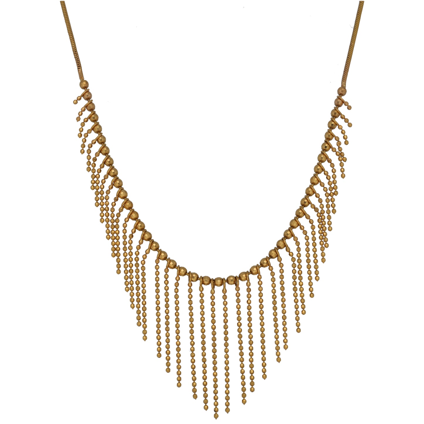 Gold-tone beaded multi-strand necklace with cascading fringe