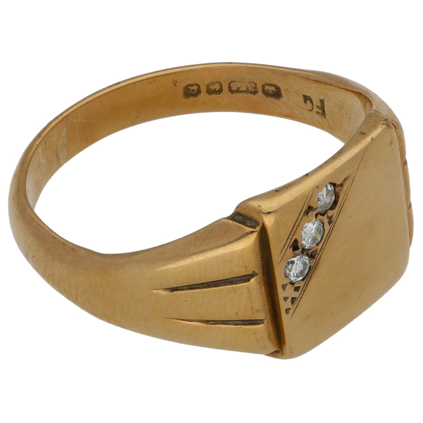9ct Gold 0.06ct Diamond Patterned Signet Ring Size T