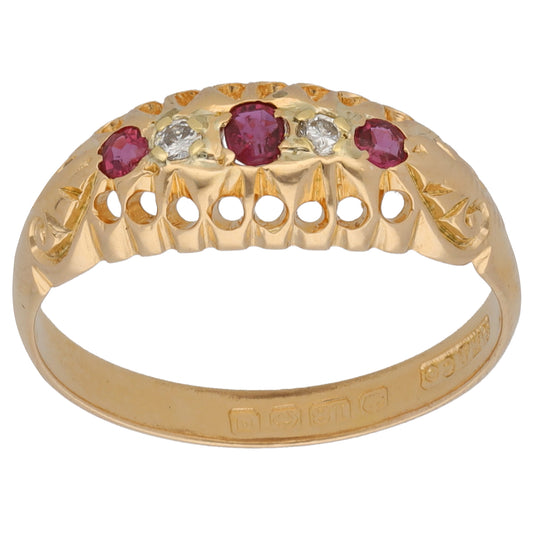 18ct Gold Ruby & 0.04ct Diamond A&V Stone Set Ring Size N