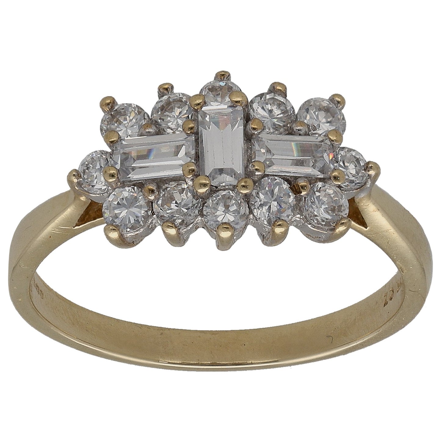 Gold-tone cocktail ring with central baguette and round clear CZ stones cluster