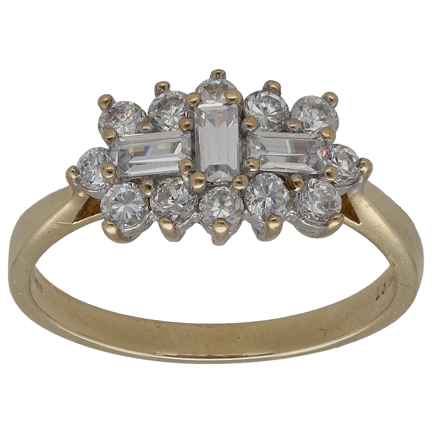 Gold-tone cocktail ring with central baguette and round clear CZ stones cluster