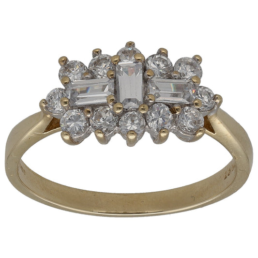 Gold-tone cocktail ring with central baguette and round clear CZ stones cluster
