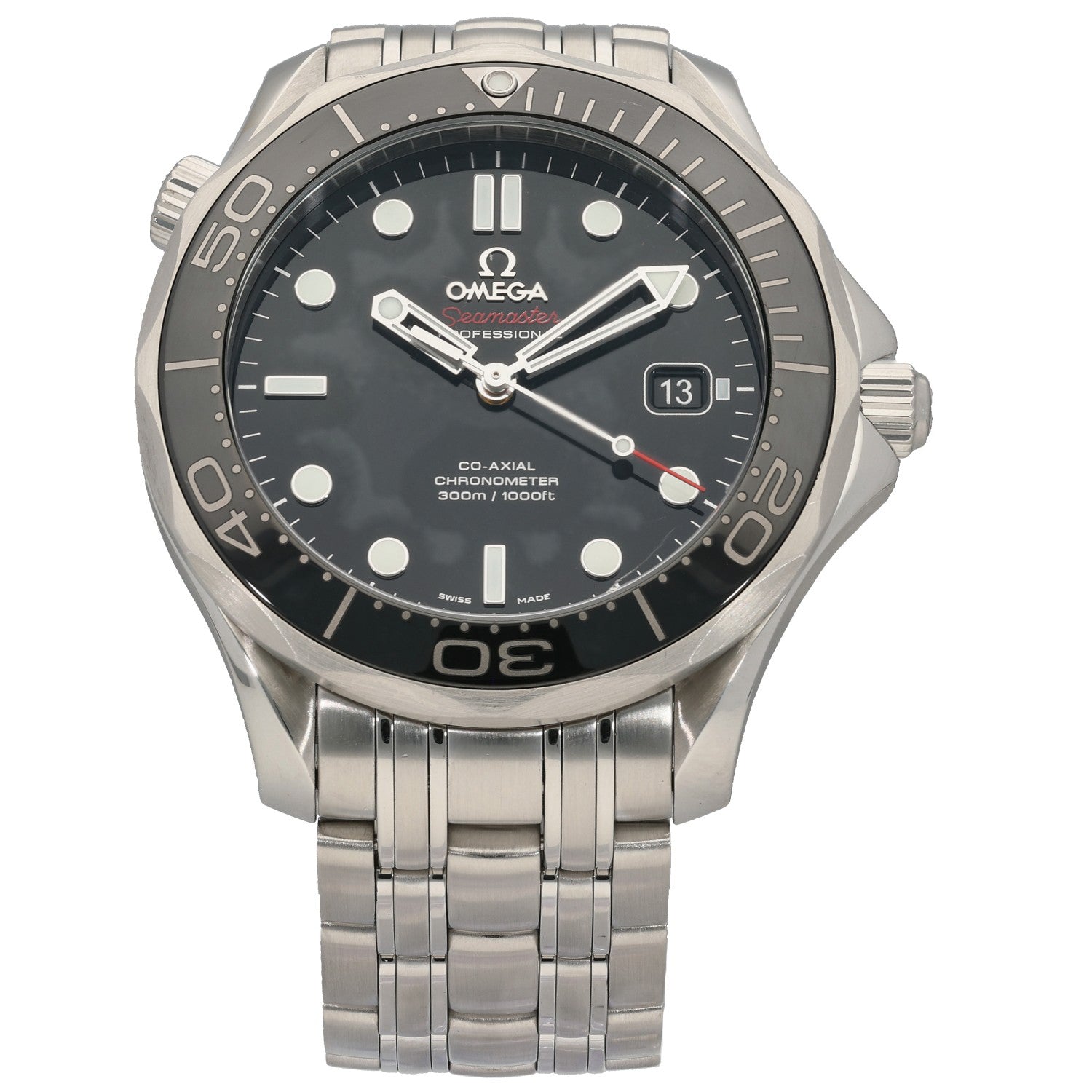 Stainless steel Omega Seamaster 212.30.41.20.01.003 watch with dark dial, metal bracelet, date window