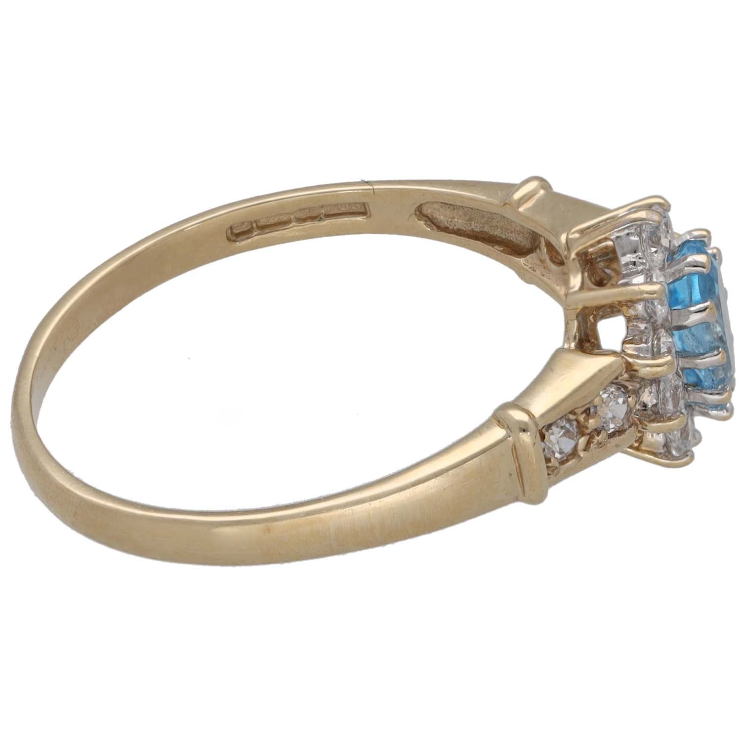 Gold ring band with side cluster of oval blue stone and clear CZ accents