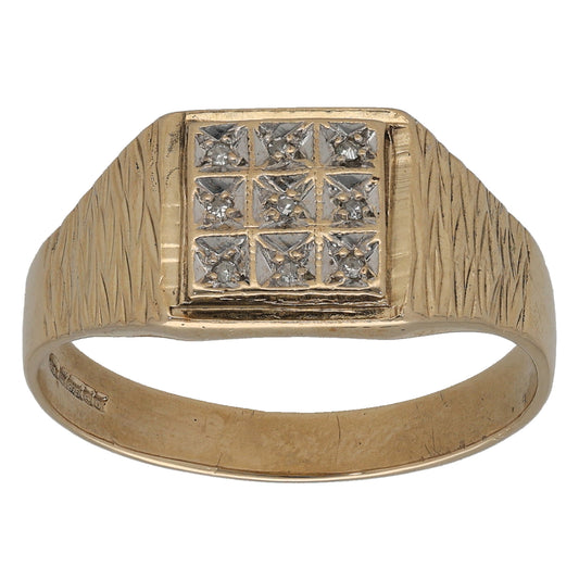 9ct Gold 0.045ct Diamond Patterned Signet Ring Size U