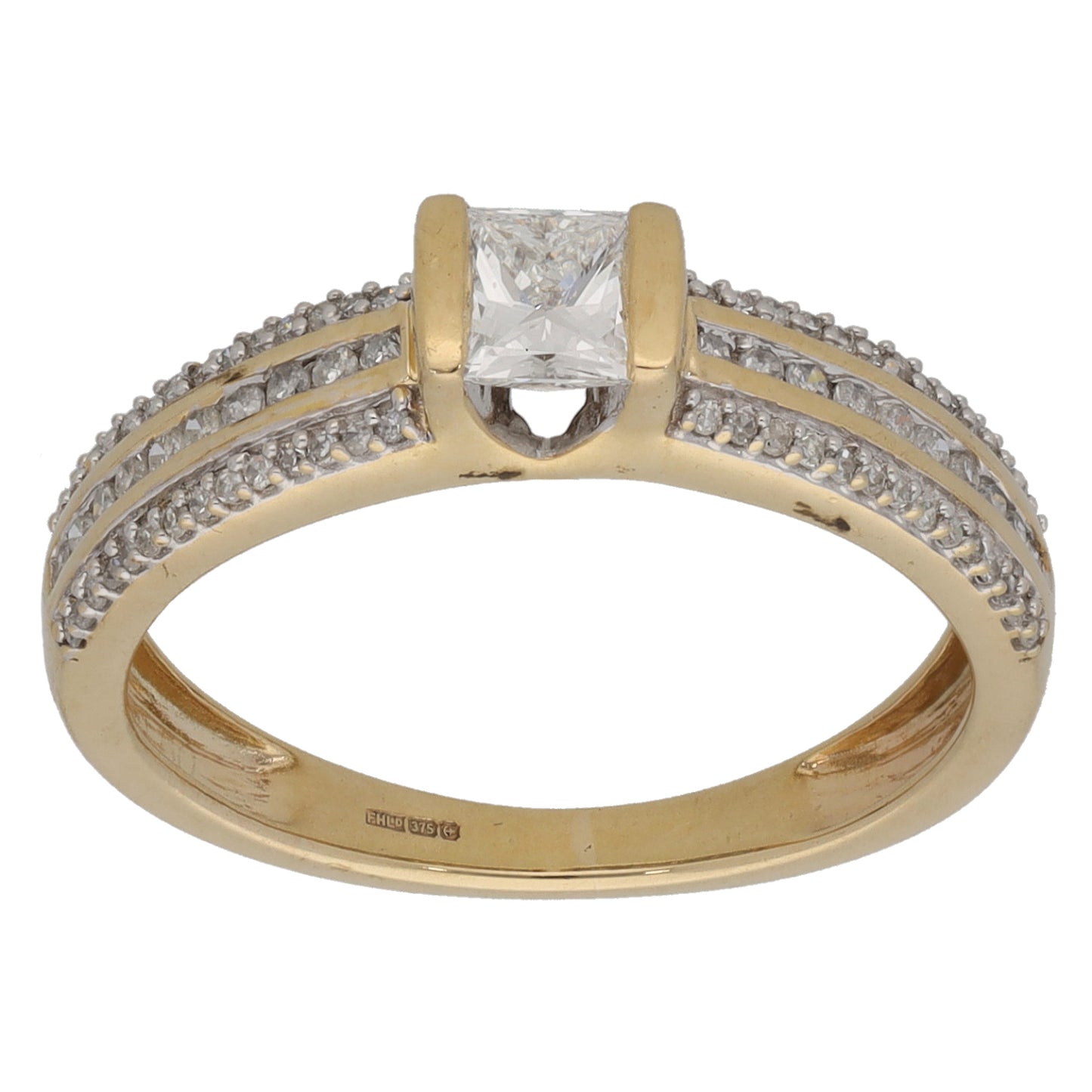 9ct Gold 0.73ct Diamond Solitaire Ring With Accent Stones Size L