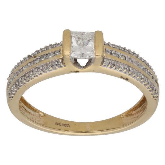 9ct Gold 0.73ct Diamond Solitaire Ring With Accent Stones Size L