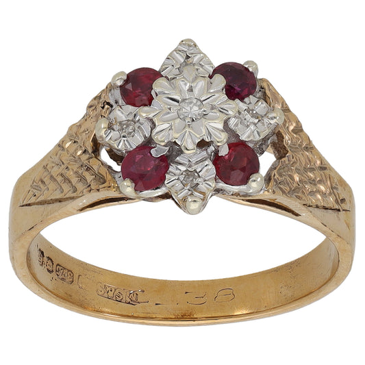 9ct Gold Ruby & 0.03ct Diamond Cluster Ring Size M